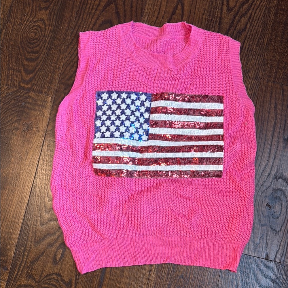 Pink Sleeveless Sweater with American Flag Design